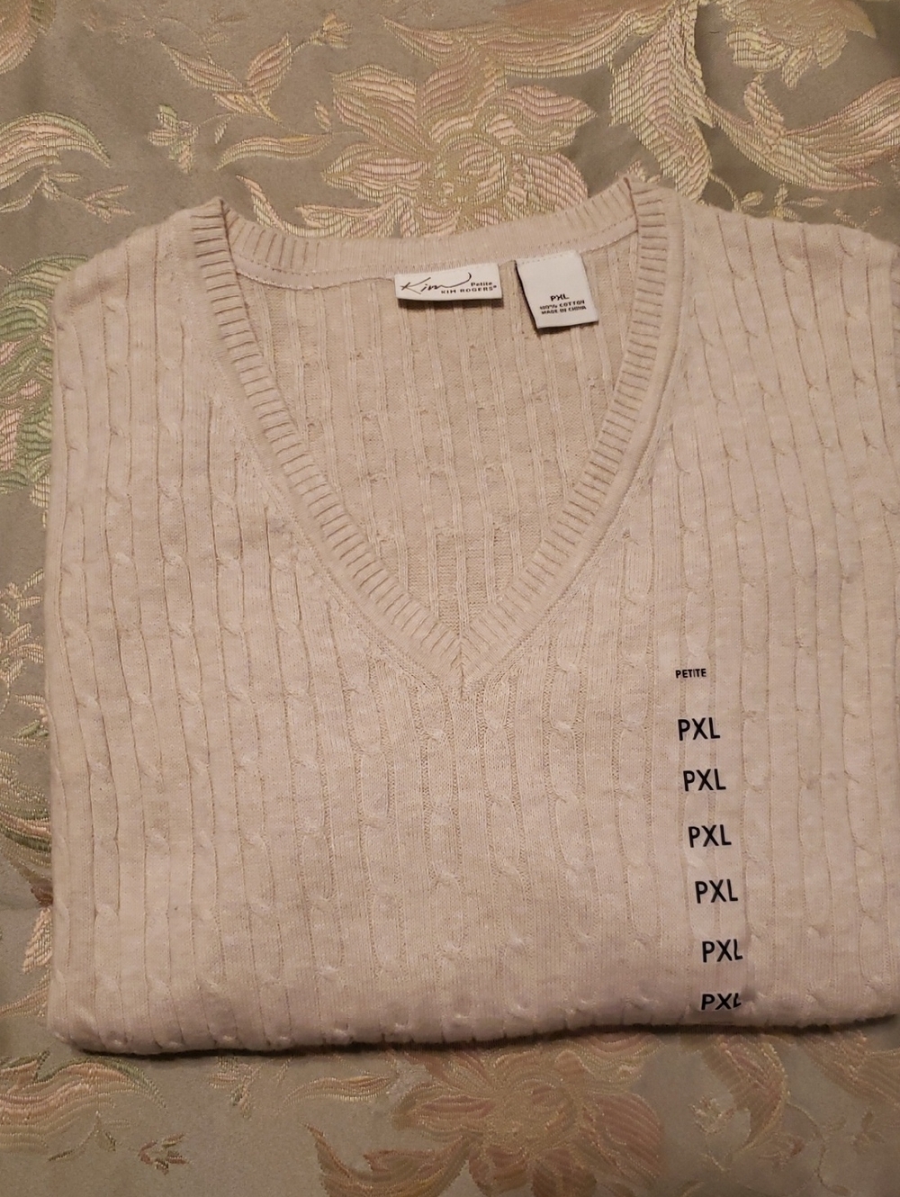 NWT-Kim Rogers Light Beige V-Neck Cable Knit Sweater PXL